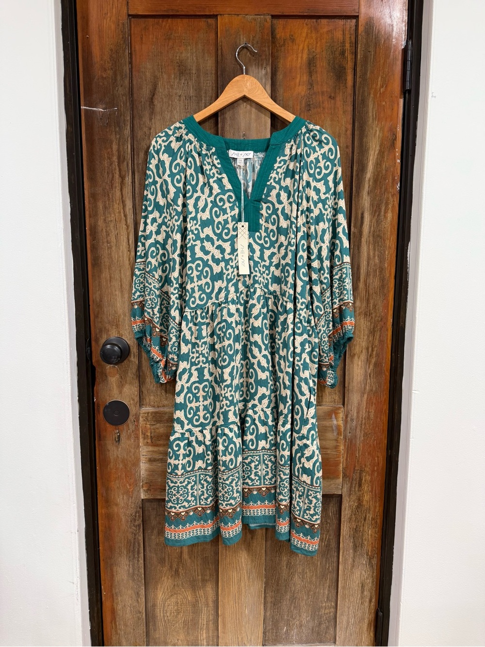 She + Sky Teal and Cream Printed Midi Dress with Rust Trim
